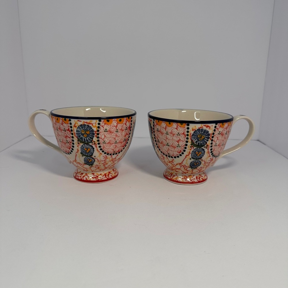 Anthropologie Bird Logo Footed Mugs Set of 2 Multicolor Folk Art Ceramic Cups